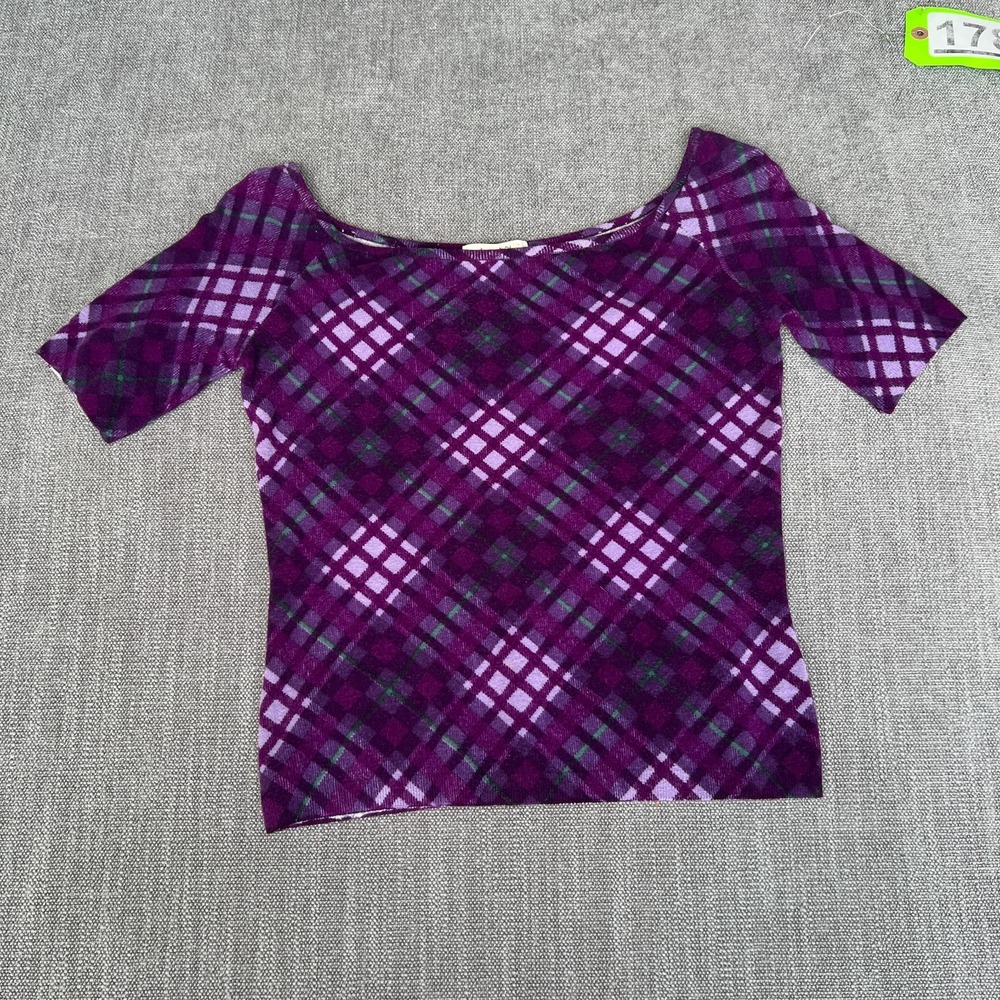 Blumarine Blouse Top Womens 40 Purple Plaid Short Sleeve Scoop Neck Pullover